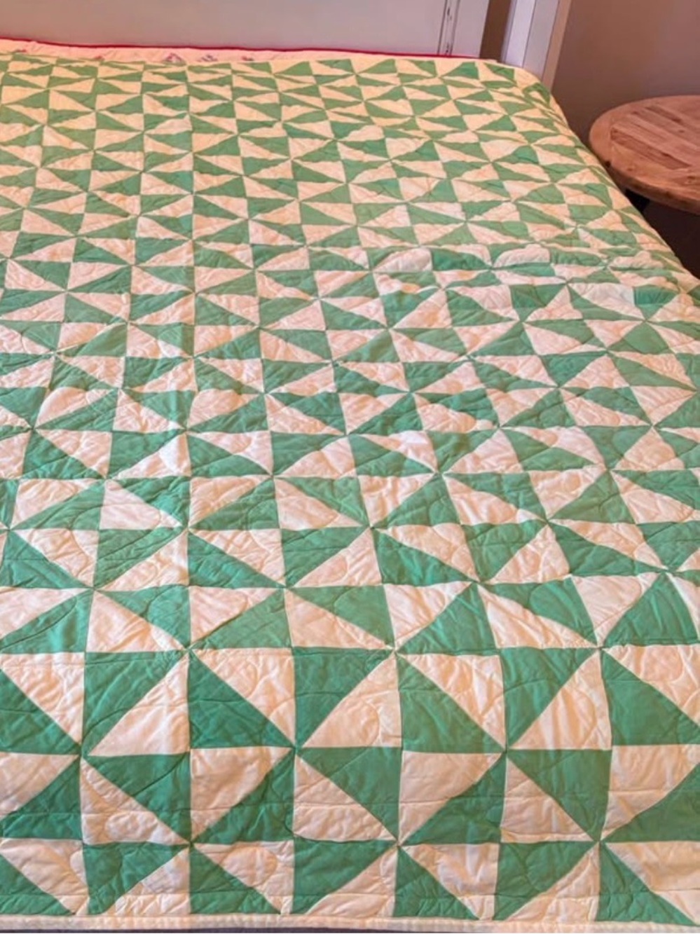 Green and Cream Geometric Quilt -Hand pieced, machine sewn